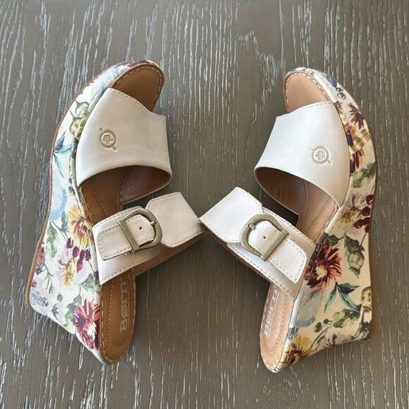 Born Women's Cream Leather Floral Print Buckle Wedge Comfortable Sandals Size 7M - Picture 10 of 12